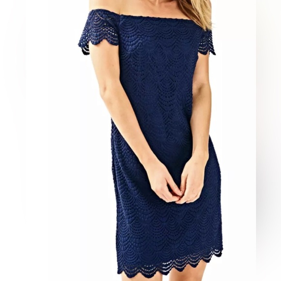 Lilly Pulitzer Jade Dress True Navy Scalloped Shell Lace Off Shoulder, Size XXS - Picture 1 of 9